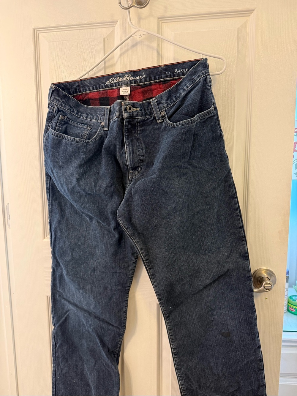 Eddie Bauer Denim Jeans with Red and Black Plaid Waistband - Picture 2 of 6